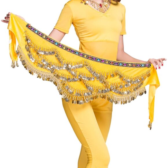 Women's Triangular Belly Dance Hip Scarf Wrap Yellow Skirts with Gold Coins - Picture 4 of 4